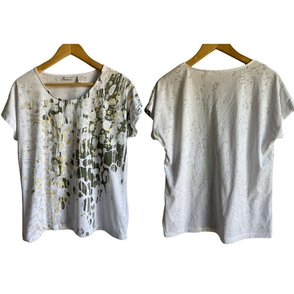 Weekends by Chico's Gold Trim Graphic Abstract T-Shirt Short Sleeve Size 1/ M - Picture 1 of 6
